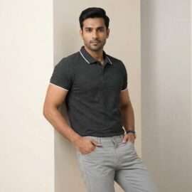Carbon ni Tipping Collar T-shirt Black-Melange-with-White