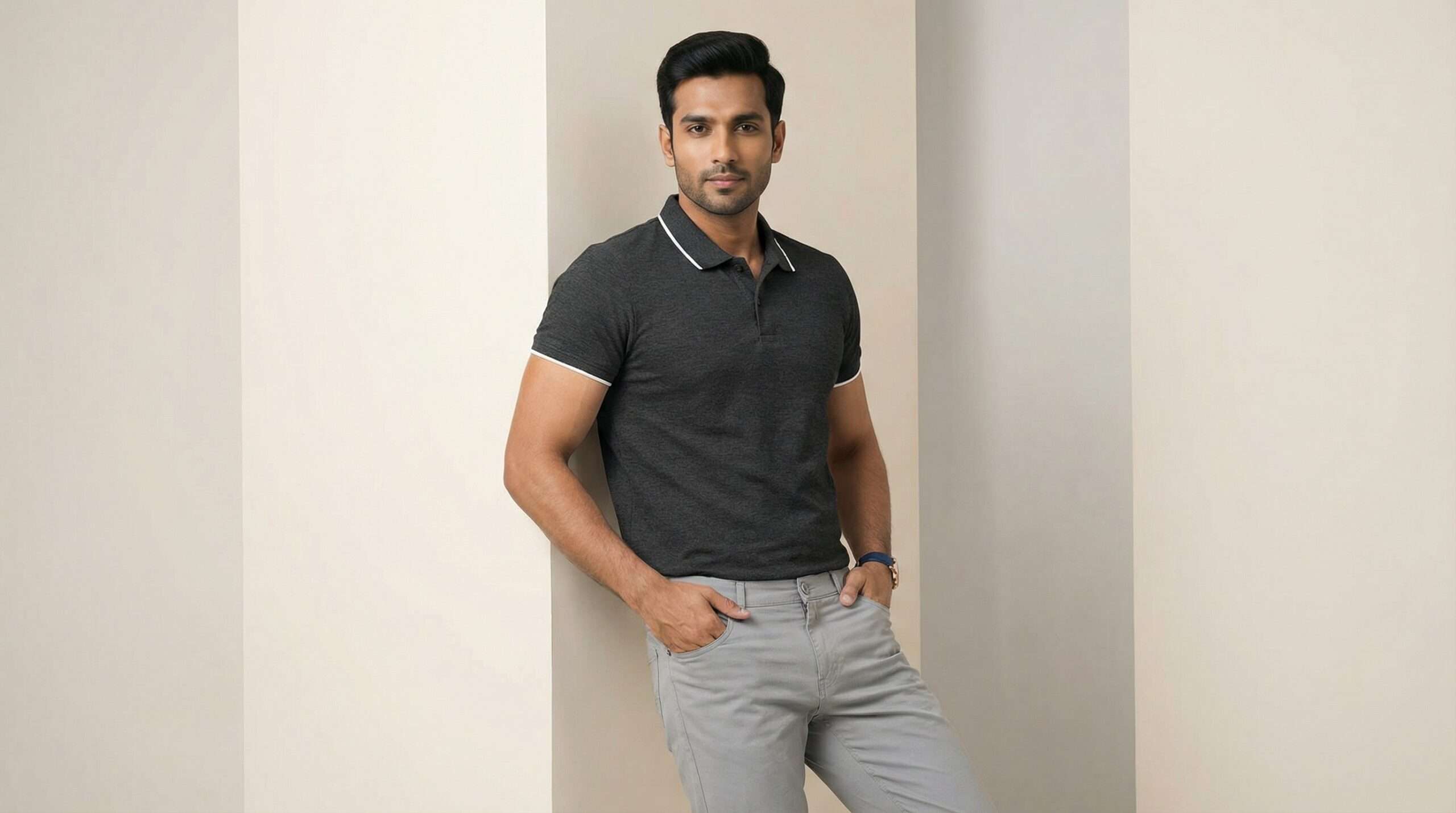 Carbon ni Tipping Collar T-shirt Black-Melange-with-White
