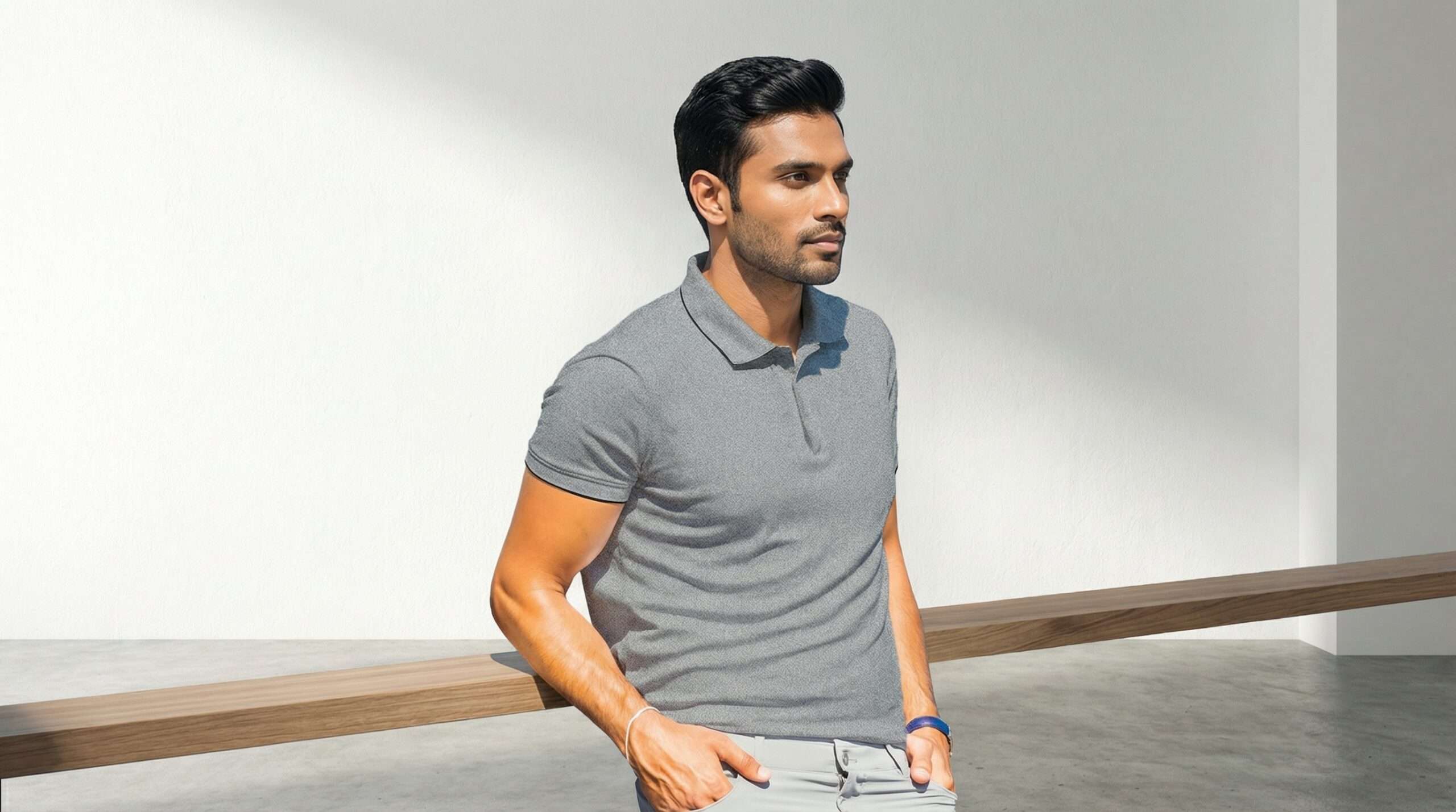 Carbon ni Tipping Collar T-shirt Grey-Melange-with-black - Image 2