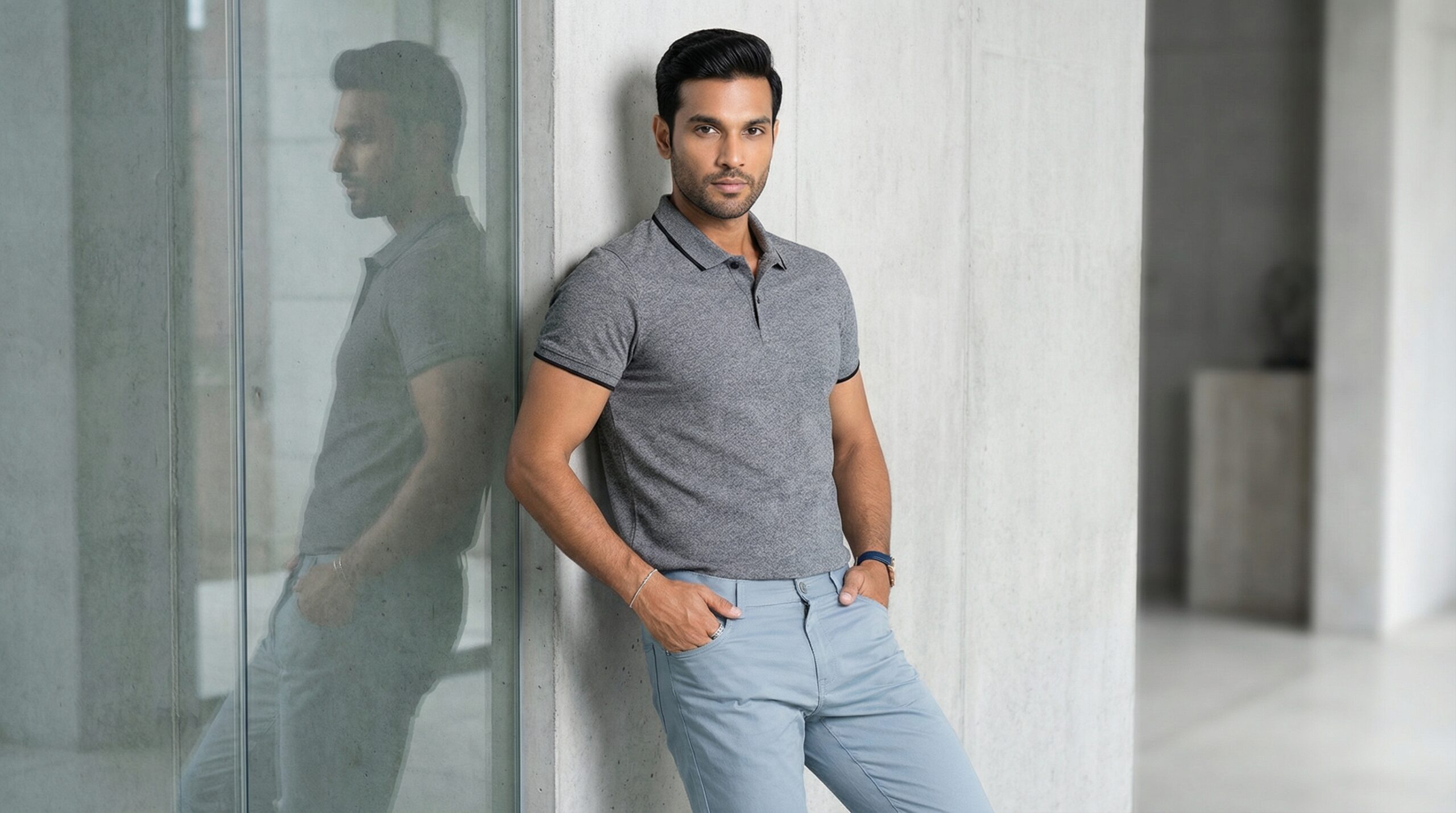Carbon ni Tipping Collar T-shirt Grey-Melange-with-black