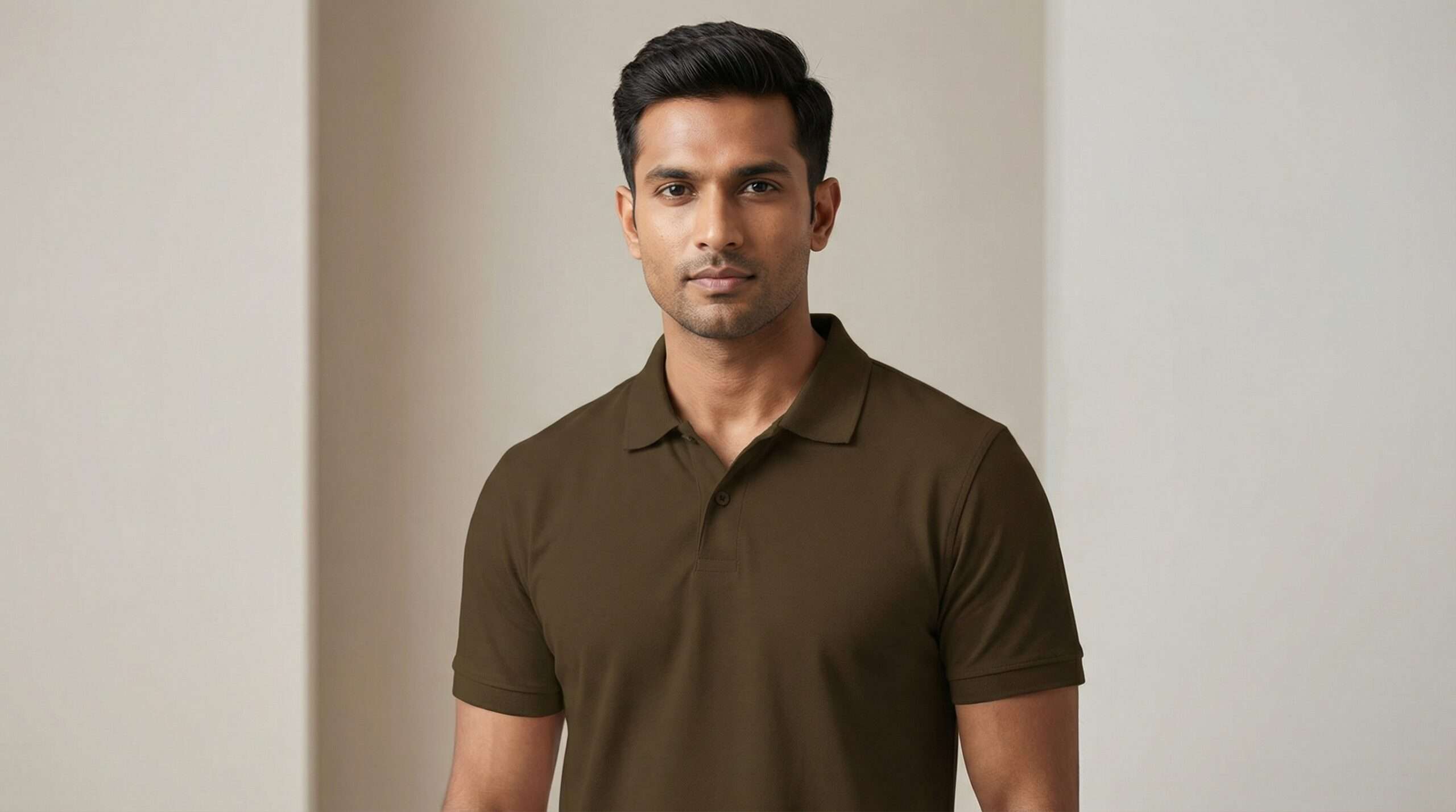 Carbon ni Solid Collar T-shirt KHAKI
