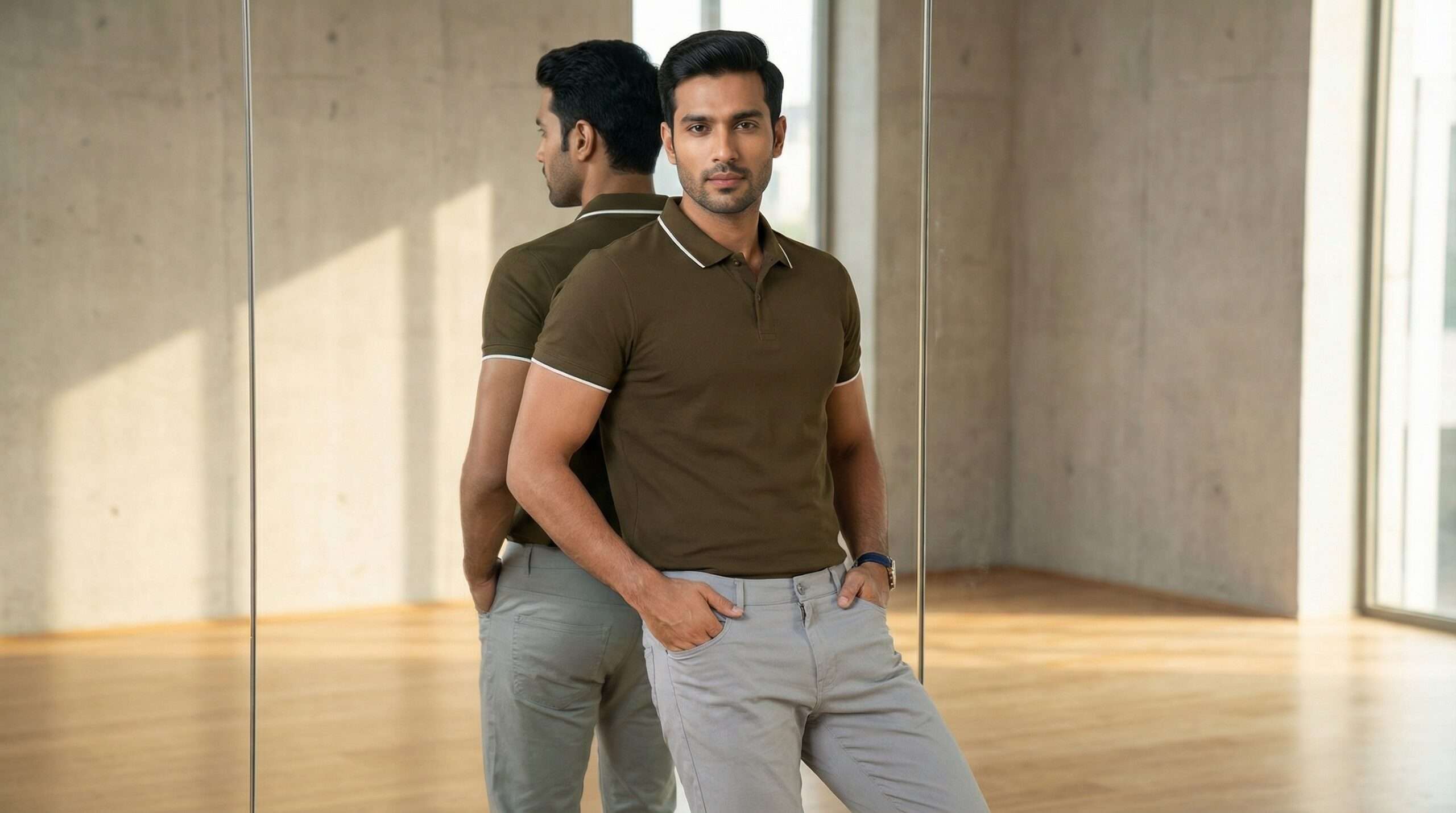 Carbon ni Tipping Collar T-shirt Khaki-with white - Image 2