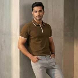 Carbon ni Tipping Collar T-shirt Khaki-with white