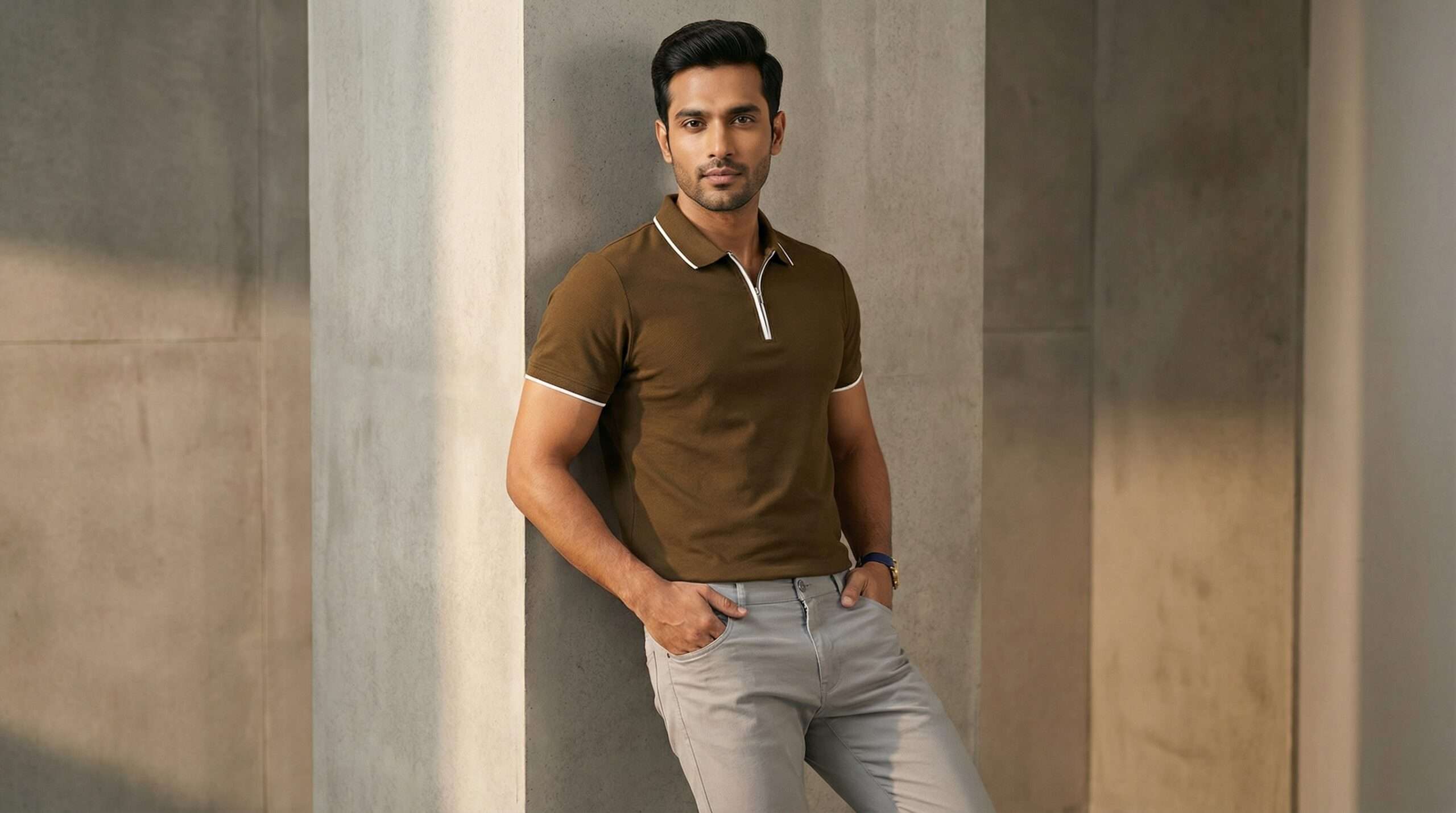 Carbon ni Tipping Collar T-shirt Khaki-with white