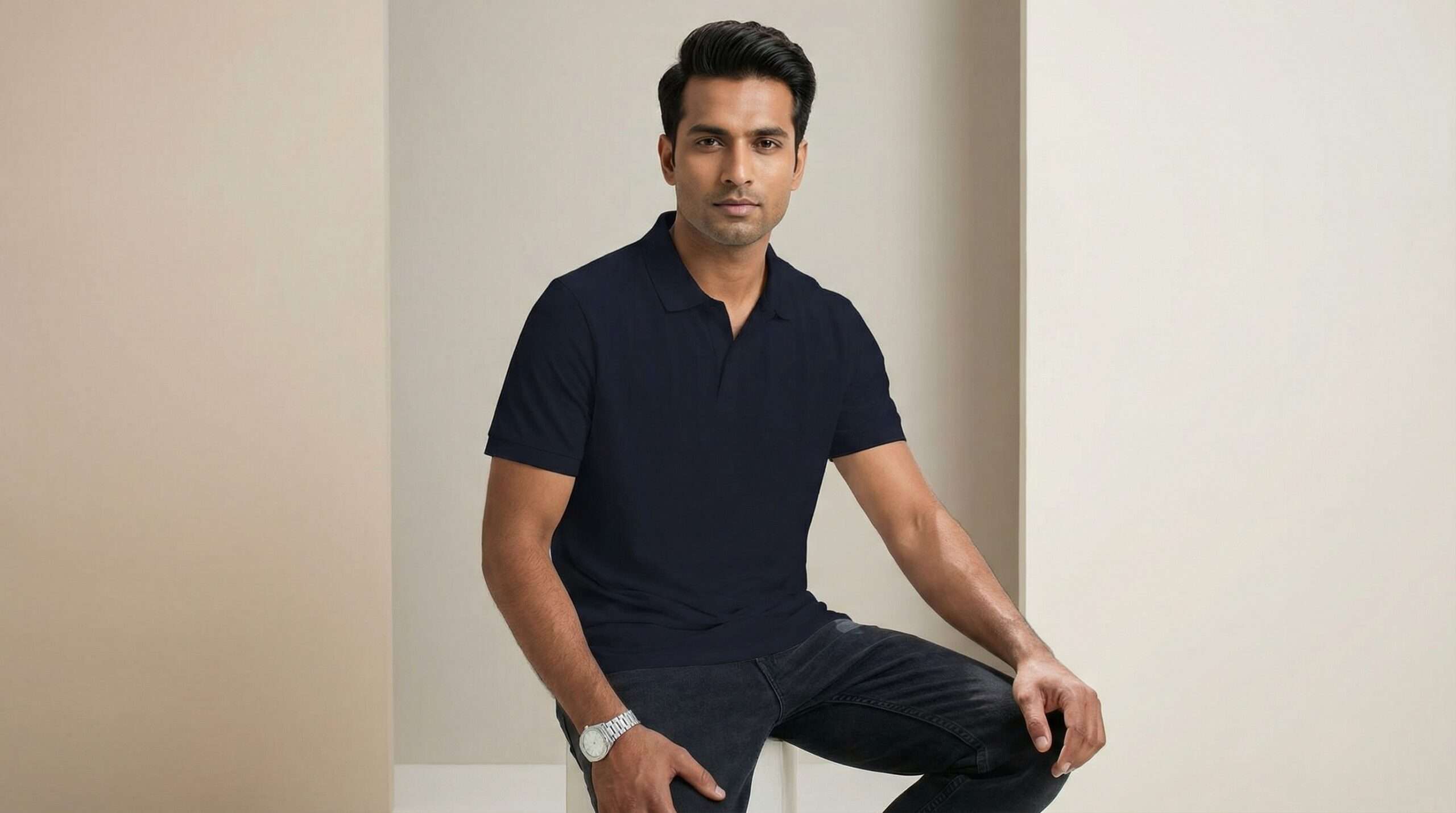 Carbon ni Solid Collar T-shirt True Navy